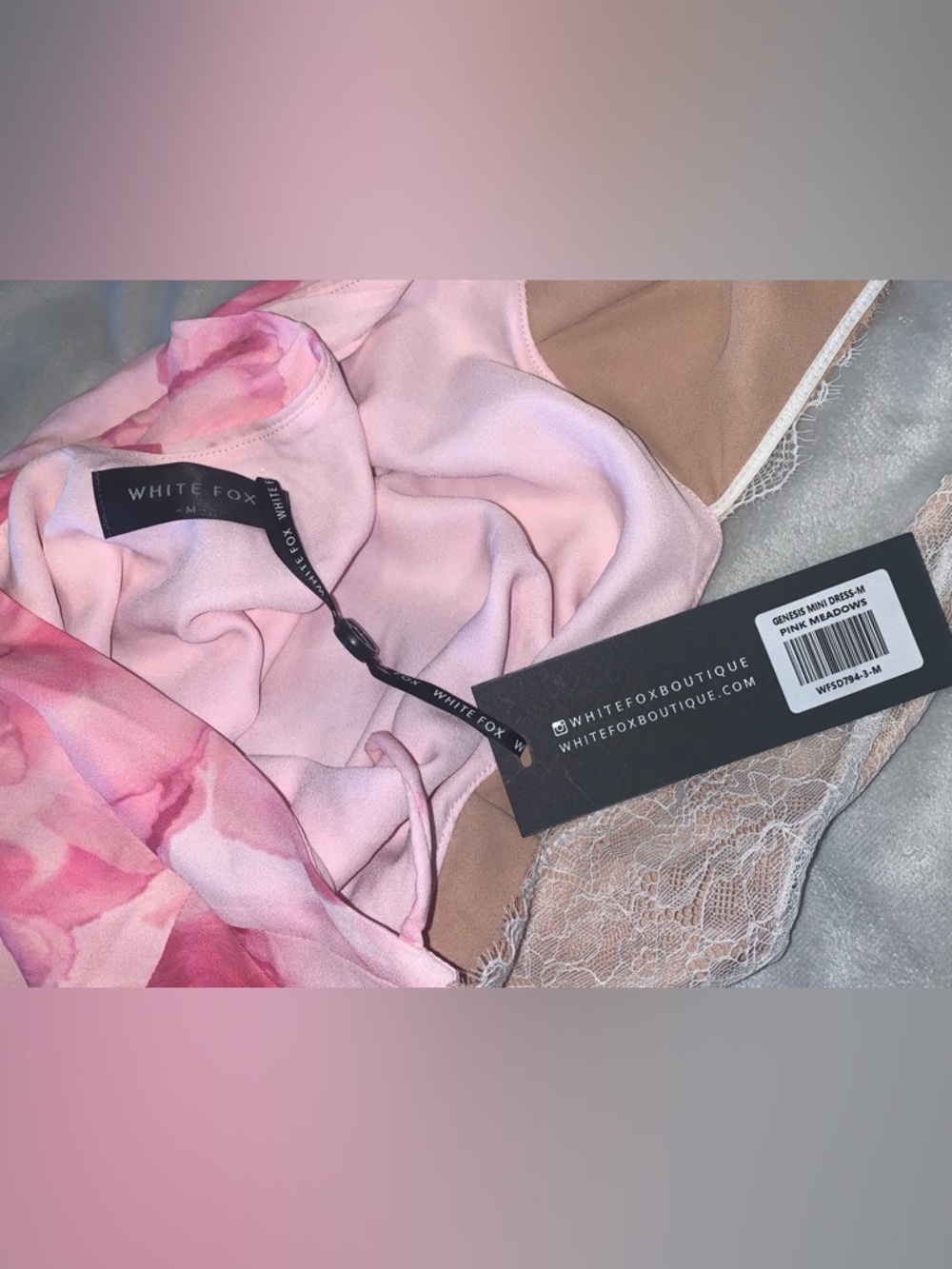 White Fox pink meadow Pink Floral babydoll halter mini dress white Lace bust M - Picture 6 of 6